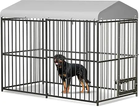 Large Outdoor Dog Kennel (8x4x6ft) - Heavy Duty Metal Dog Cage with Rotating Feeding Bowl, Waterproof Roof Cover & Lock, Weather