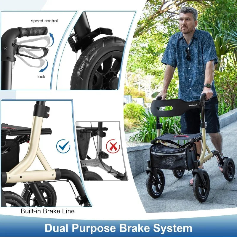 for Seniors, Rollator Walker with Seat, 12" Big Rubber Wheels All Terrain Rollator Walker with Backrest, Built-in Cable,
