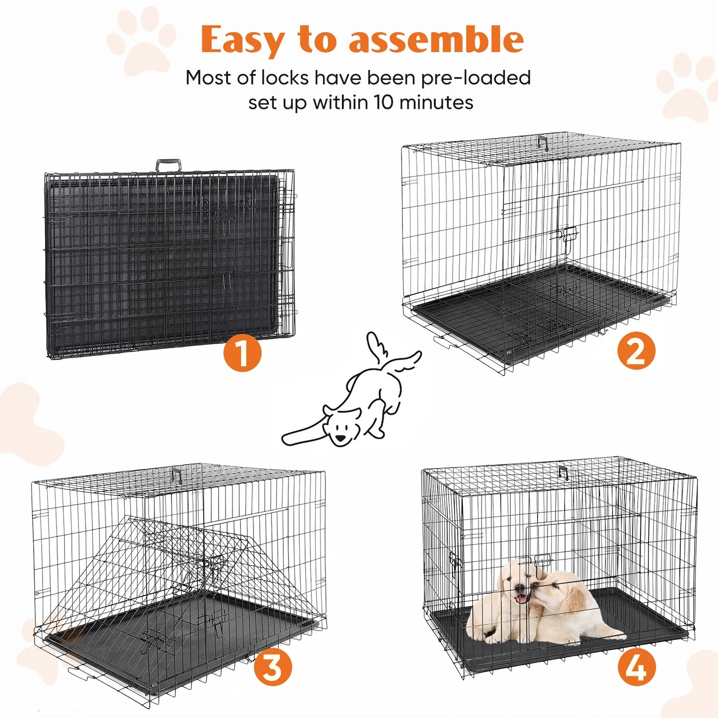JHK Double Door Folding Metal Wire Dog Cage with Plastic Leak Proof Pan Tray Extra Large Pet Kennel for Indoor and Outdoor Travel