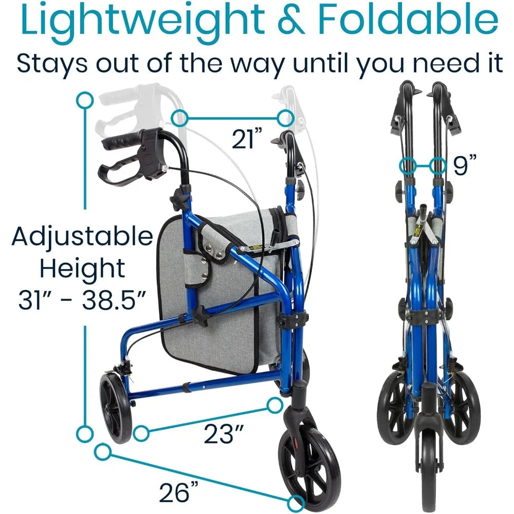3 Wheel Walker - Three Wheeled Rollator for Seniors - Lightweight, Foldable, Narrow, Heavy Duty - for Elderly Men Women