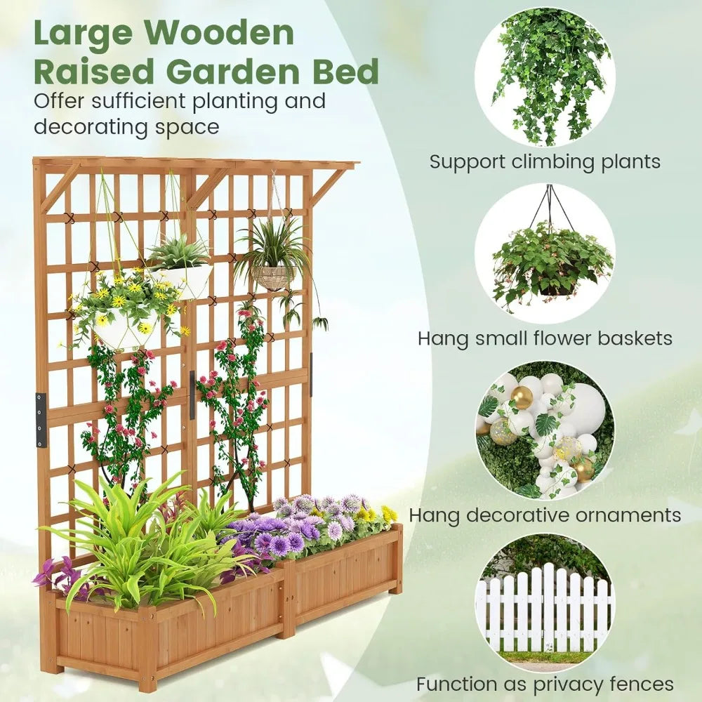 72" raised garden bed with lattice trellis, hanging roof & drainage holes, elevated wooden planter box for vine climbing plant,