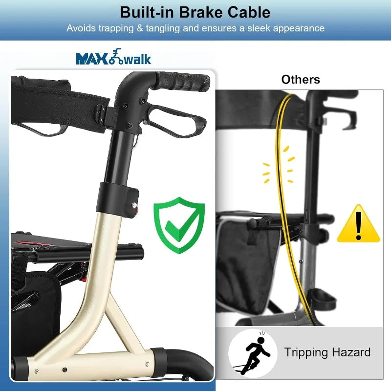 for Seniors, Rollator Walker with Seat, 12" Big Rubber Wheels All Terrain Rollator Walker with Backrest, Built-in Cable,