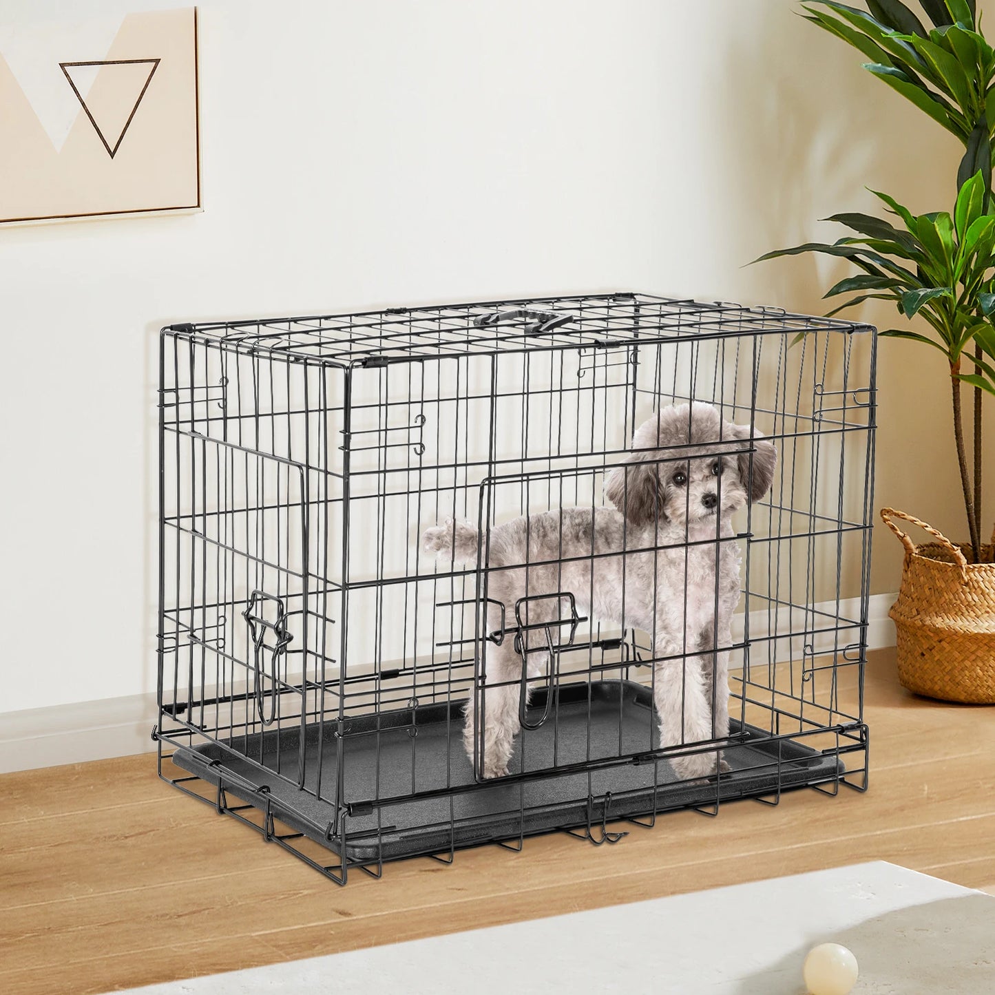 JHK Double Door Folding Metal Wire Dog Cage with Plastic Leak Proof Pan Tray Extra Large Pet Kennel for Indoor and Outdoor Travel