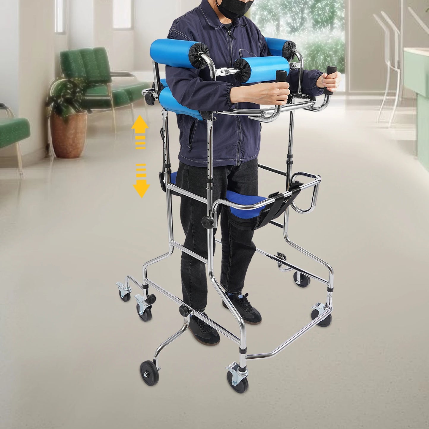 Adjustable Adult Walker Standing Rollator 8 Wheels 6 Brakes 220LBS Load Height & Width Adjustable for Elderly Mobility Aid