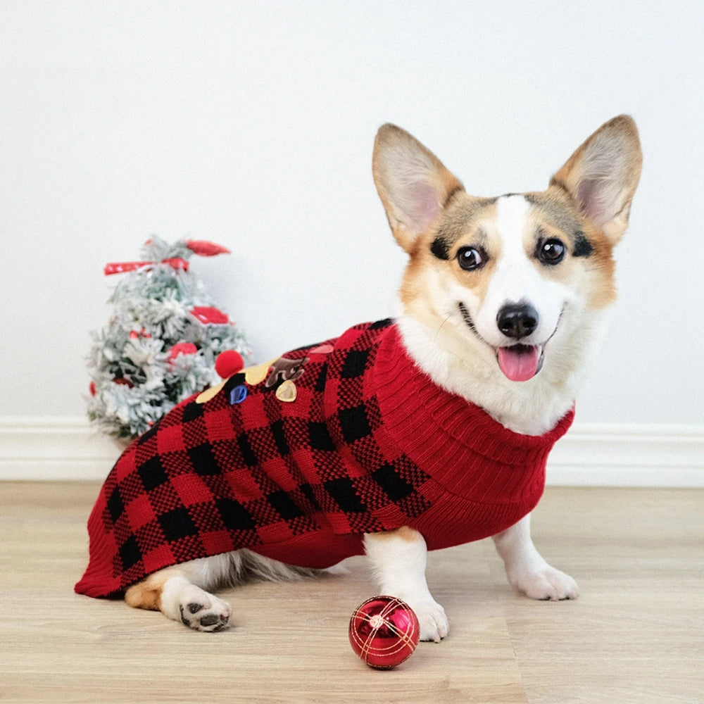 Plaid Dog Sweater Turtleneck Knitted Warm Winter Clothes for Small Medium Dogs and Cats