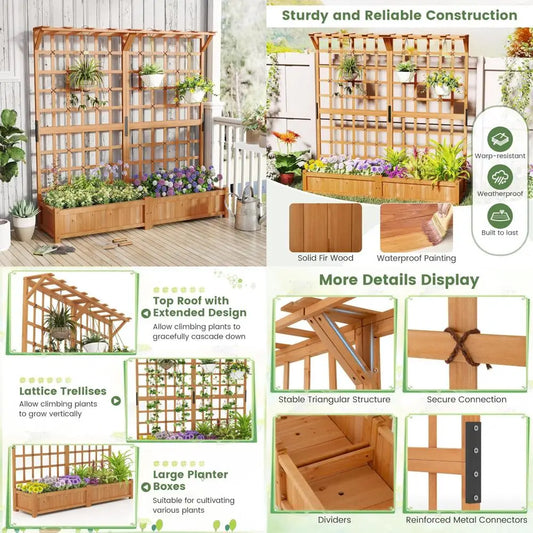 72" raised garden bed with lattice trellis, hanging roof & drainage holes, elevated wooden planter box for vine climbing plant,