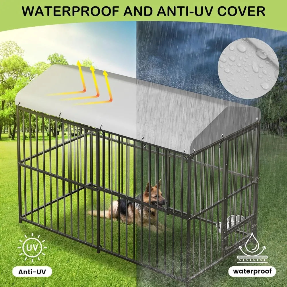 Large Outdoor Dog Kennel (8x4x6ft) - Heavy Duty Metal Dog Cage with Rotating Feeding Bowl, Waterproof Roof Cover & Lock, Weather