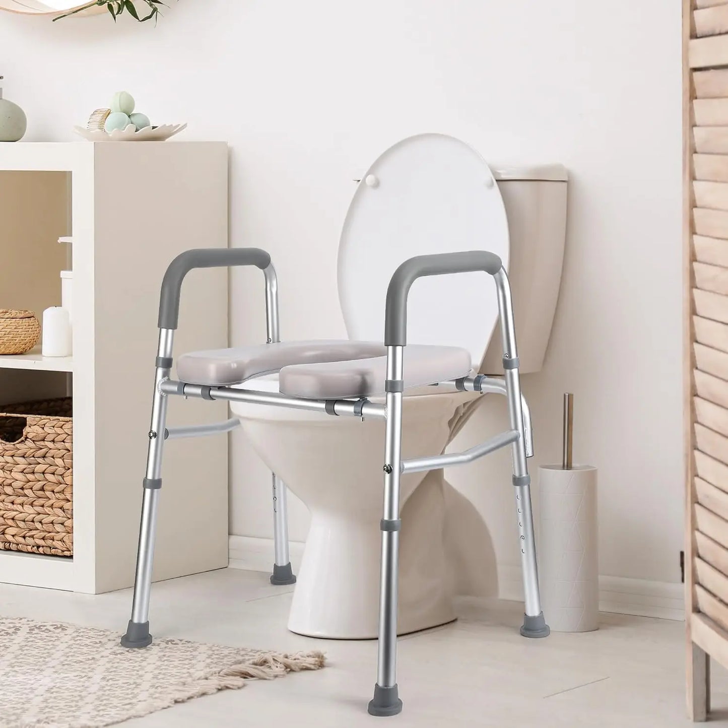 Raised Toilet Seat with 350LB Stand Alone Homecare Commode Bathroom Assist Frame Padded Seat for Elderly Disabled Handicapped