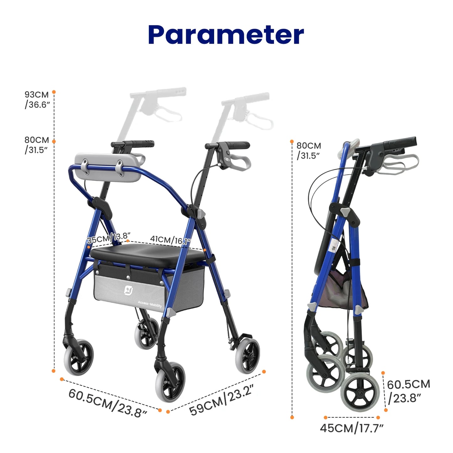 MAIDeSITe Foldable 4 Wheel Rollator Walker with Seat, Walker for Seniors with Carbon Steel , 6" Big Wheels for All Terrain