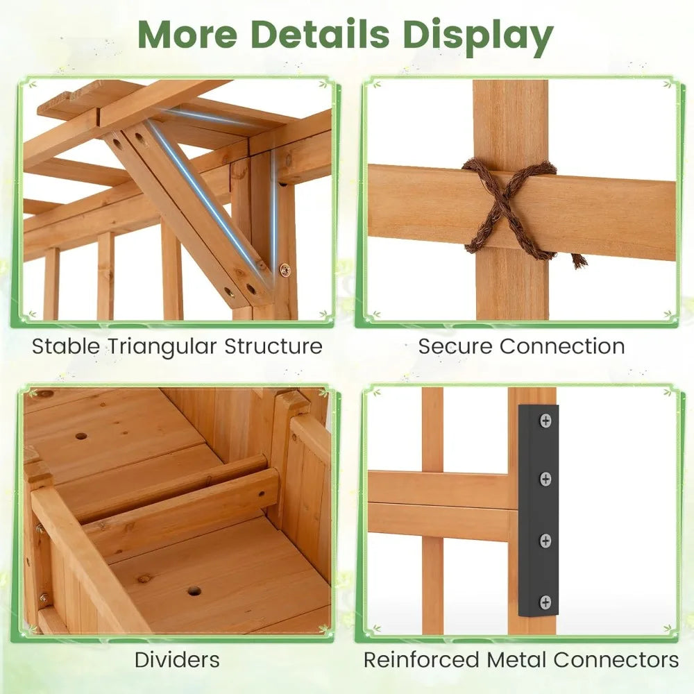 72" raised garden bed with lattice trellis, hanging roof & drainage holes, elevated wooden planter box for vine climbing plant,