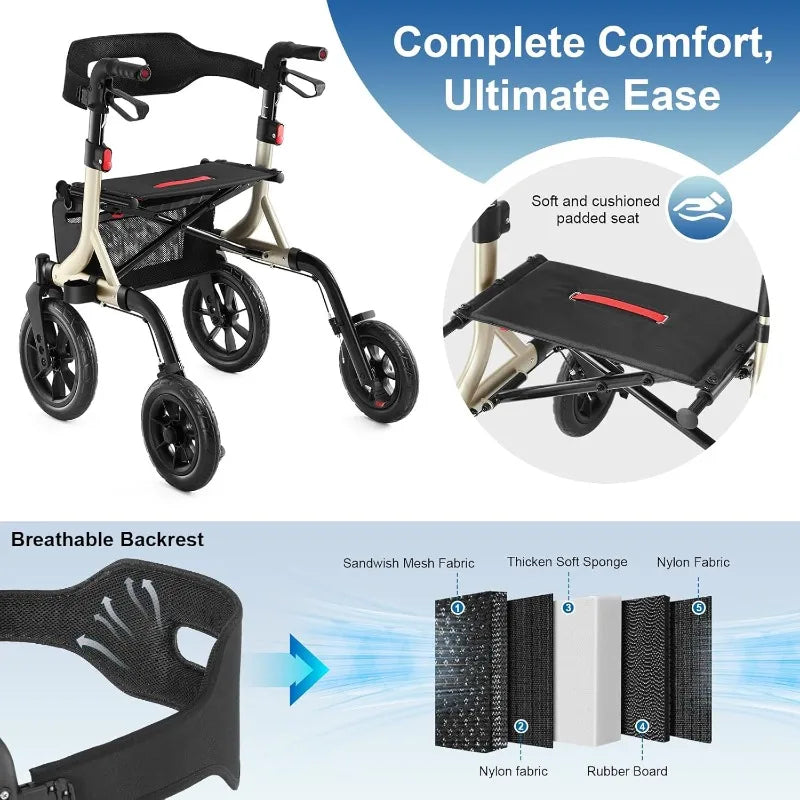 for Seniors, Rollator Walker with Seat, 12" Big Rubber Wheels All Terrain Rollator Walker with Backrest, Built-in Cable,