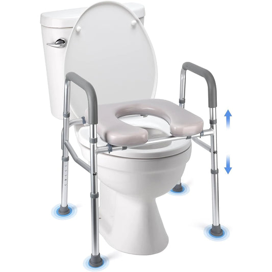 Raised Toilet Seat with 350LB Stand Alone Homecare Commode Bathroom Assist Frame Padded Seat for Elderly Disabled Handicapped