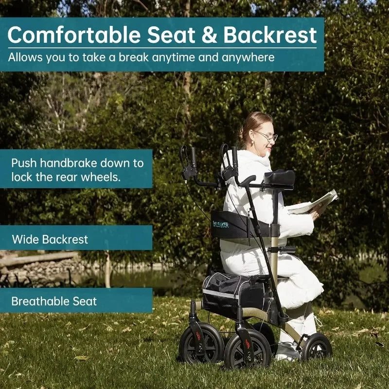 2025 Tool All-Terrain Upright Rollator Walker, Stand up Rolling Walker with Seat, 12” Non-Pneumatic Tire Wheels Guaranteed Authe