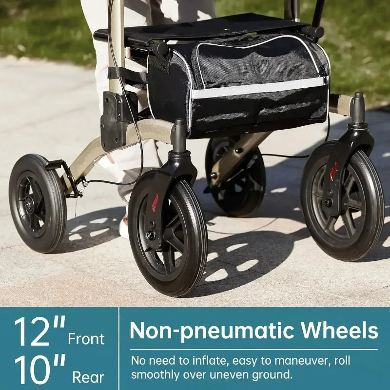 2025 Tool All-Terrain Upright Rollator Walker, Stand up Rolling Walker with Seat, 12” Non-Pneumatic Tire Wheels Guaranteed Authe