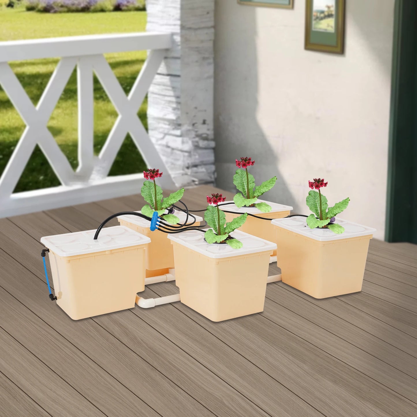 Bymaocar 5-Box Deep Water Culture Hydroponics Growing Kit 11L Large Dutch Bucket Drip Growing System for Indoor & Outdoor W/ Lid