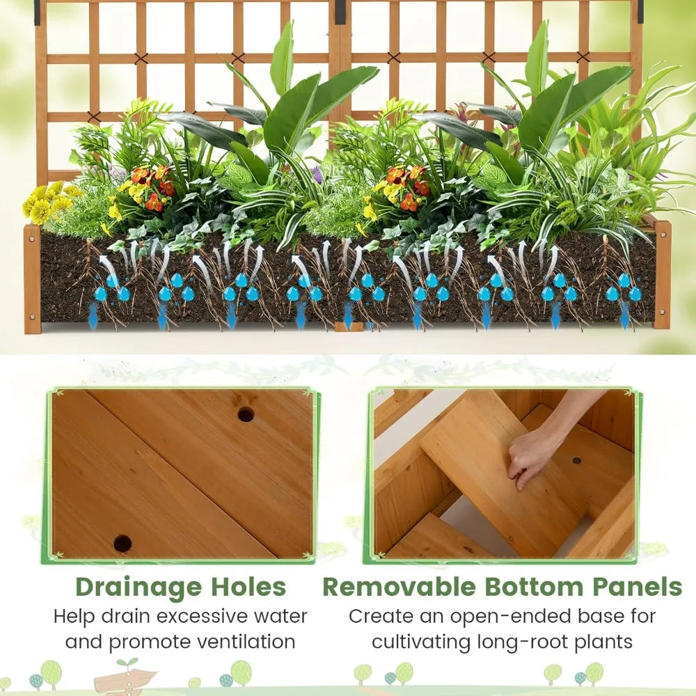 72" raised garden bed with lattice trellis, hanging roof & drainage holes, elevated wooden planter box for vine climbing plant,