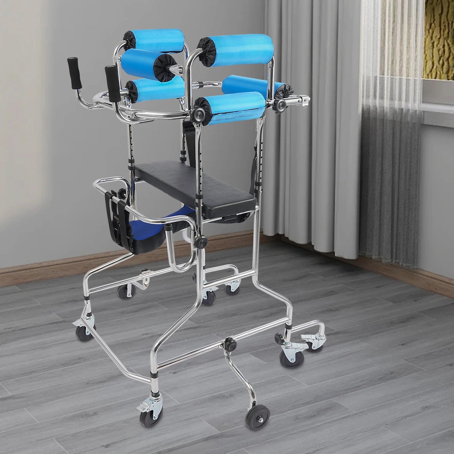 Adjustable Adult Walker Standing Rollator 8 Wheels 6 Brakes 220LBS Load Height & Width Adjustable for Elderly Mobility Aid