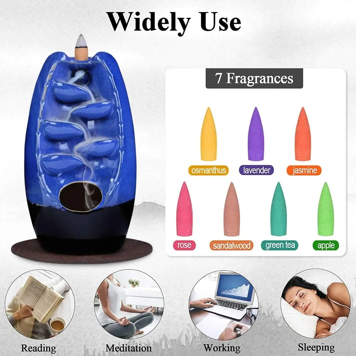 Ceramic Backflow Incense Holder Burner Waterfall Aromatherapy Ornament Home Decor with 120 Cones and 30 Sticks Navy