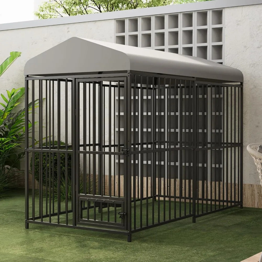 Large Outdoor Dog Kennel (8x4x6ft) - Heavy Duty Metal Dog Cage with Rotating Feeding Bowl, Waterproof Roof Cover & Lock, Weather