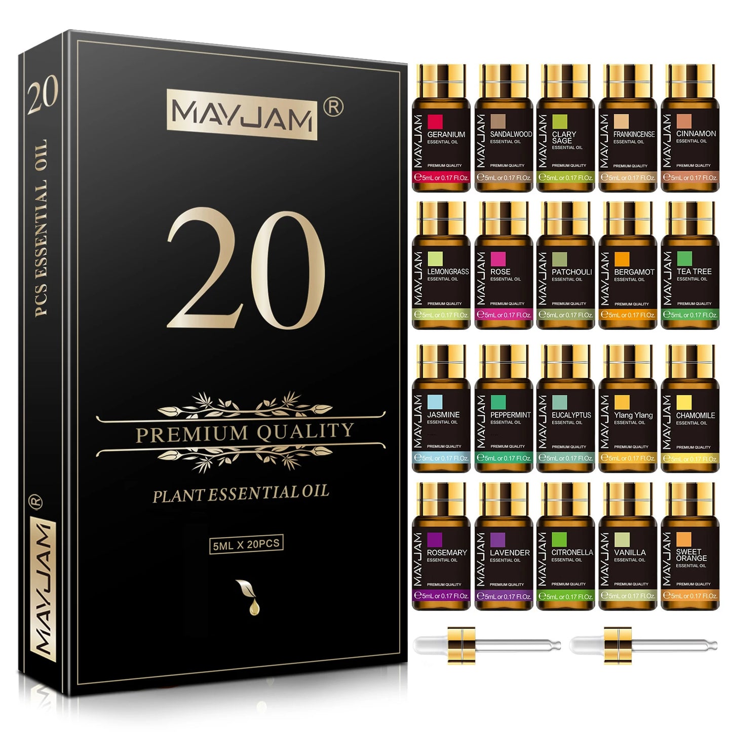 Mayjam 20 Bottles Essential Oils Kit Set Lavender Jasmine Eucalyptus Vanilla Sandalwood Sweet Orange Geranium Patchouli