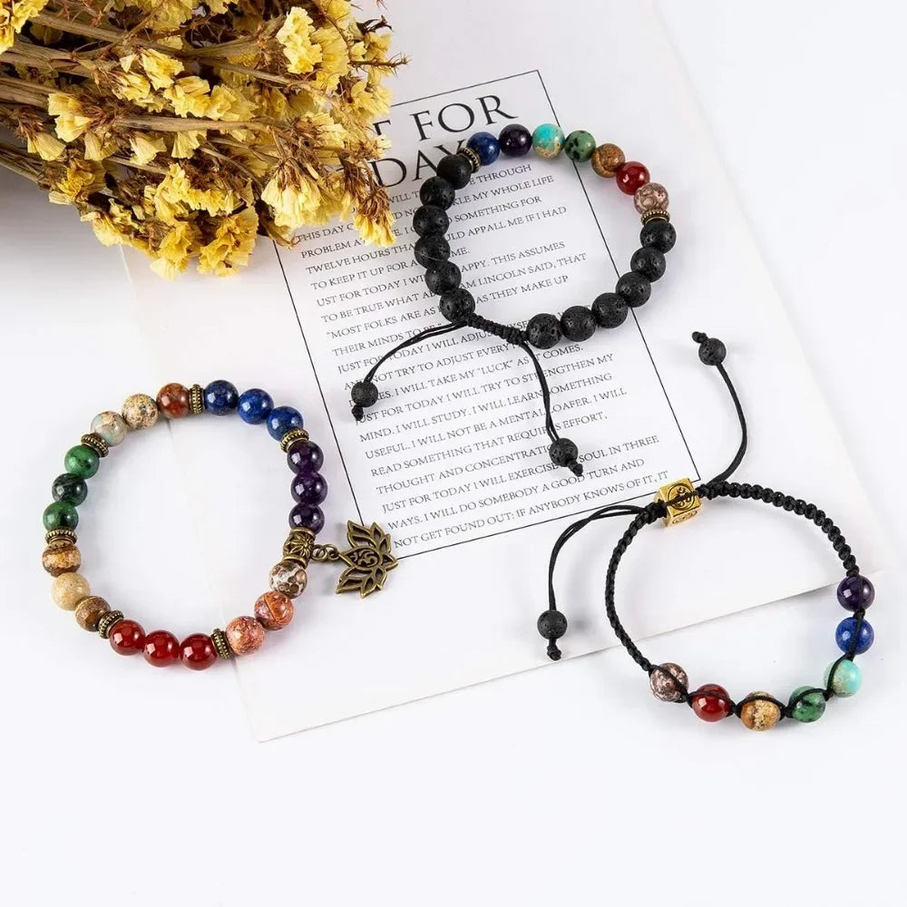 Chakra Bead Bracelets for Women 8mm 7 Chakra Bracelet Set with Real Stones Yoga Gemstone Jewelry 3 Pack
