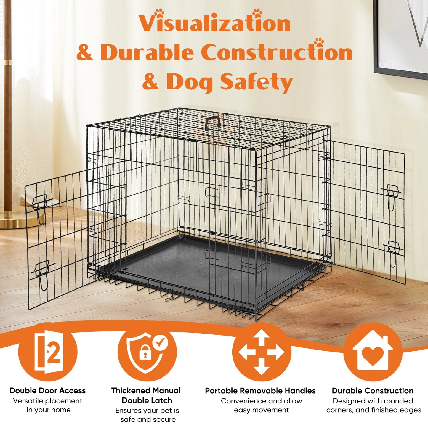 JHK Double Door Folding Metal Wire Dog Cage with Plastic Leak Proof Pan Tray Extra Large Pet Kennel for Indoor and Outdoor Travel