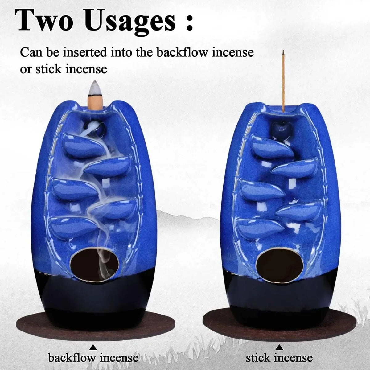 Ceramic Backflow Incense Holder Burner Waterfall Aromatherapy Ornament Home Decor with 120 Cones and 30 Sticks Navy