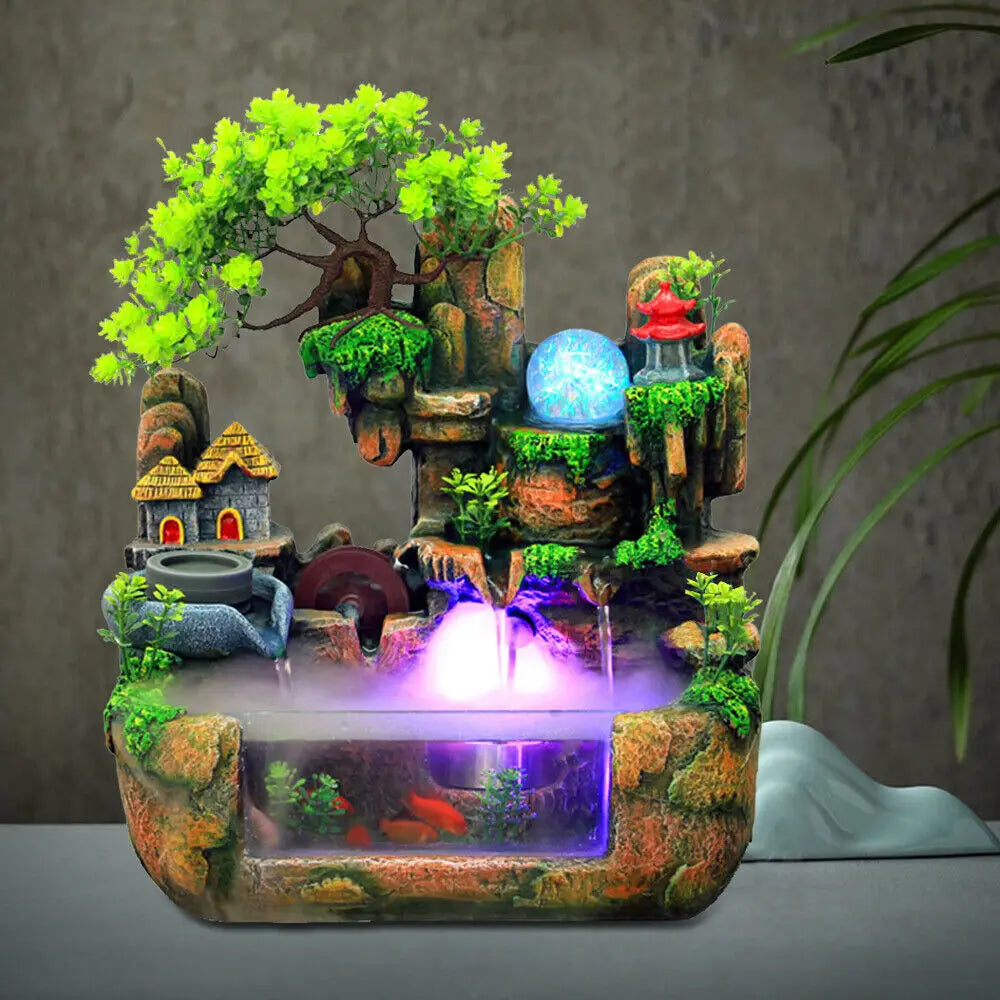 Indoor LED Water Fountain with Mist – Resin Rockery Waterfall for Home Decor