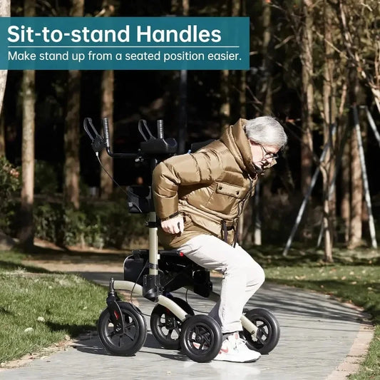 2025 Tool All-Terrain Upright Rollator Walker, Stand up Rolling Walker with Seat, 12” Non-Pneumatic Tire Wheels Guaranteed Authe