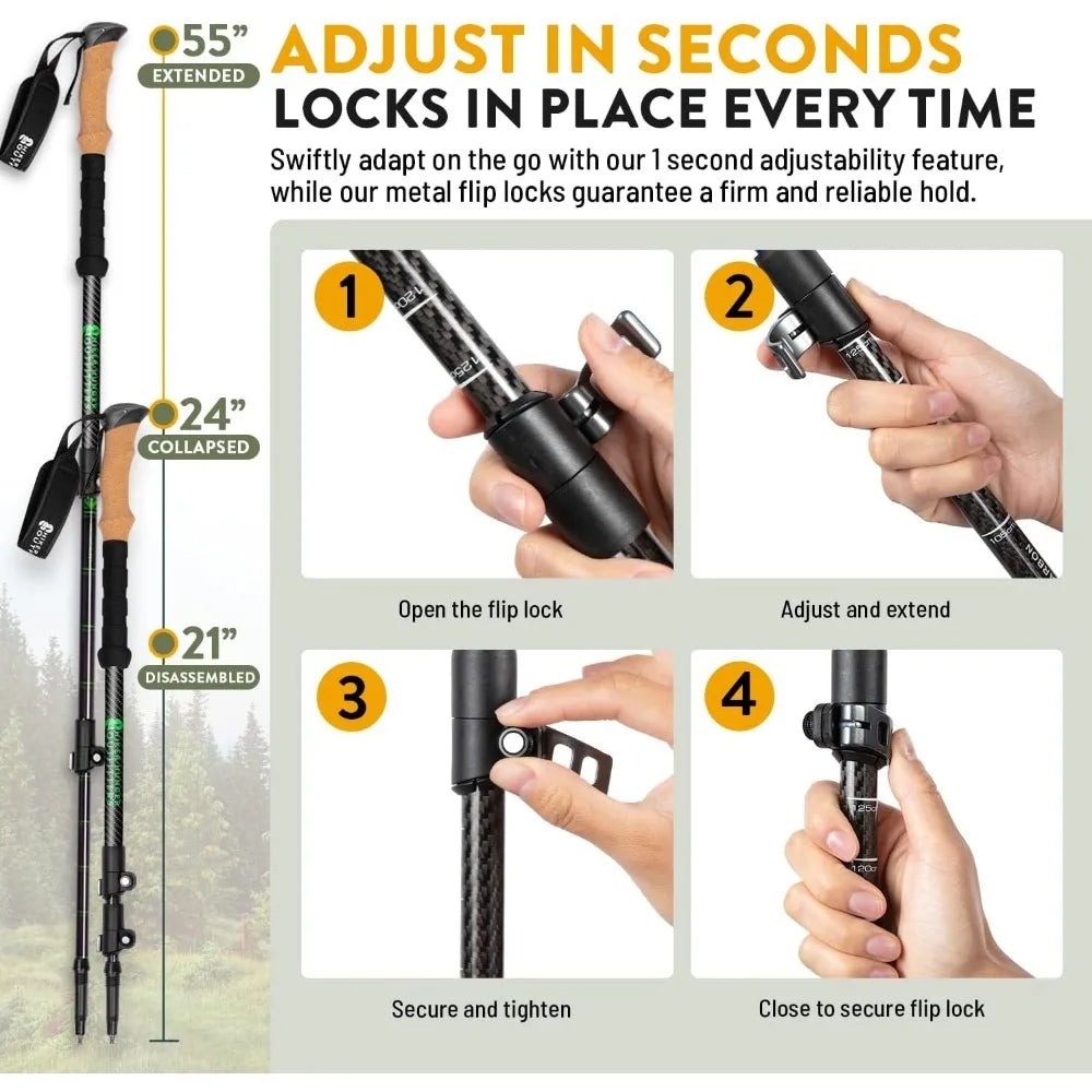 Hot Sale - 100% Carbon Fiber Trekking Poles by USA Brand - Ultra Strong Lightweight Collapsible Hiking Poles with Cork