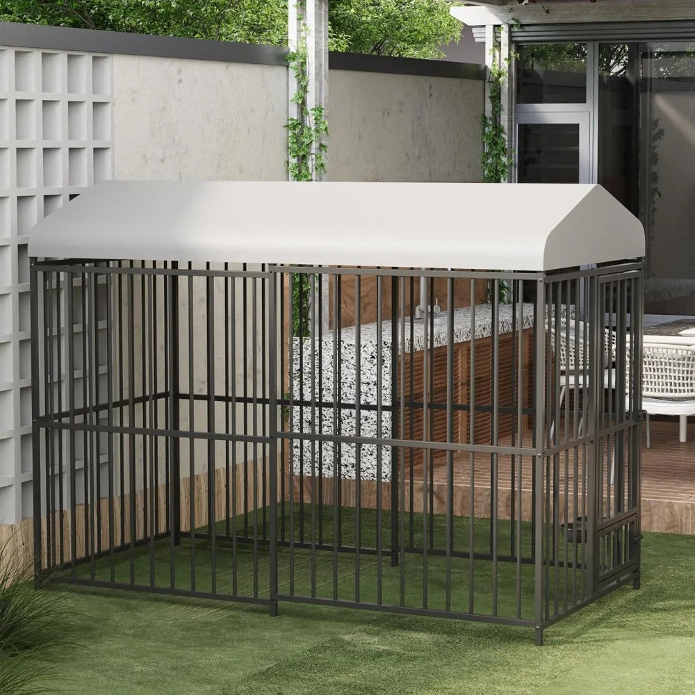 Large Outdoor Dog Kennel (8x4x6ft) - Heavy Duty Metal Dog Cage with Rotating Feeding Bowl, Waterproof Roof Cover & Lock, Weather