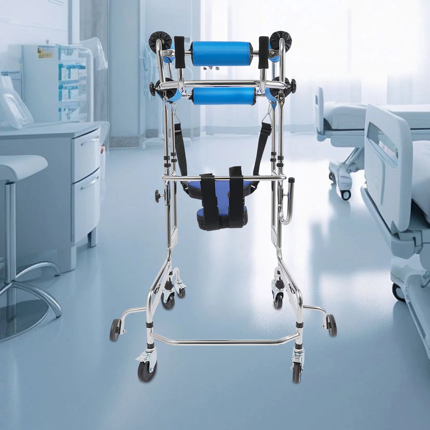 Adjustable Adult Walker Standing Rollator 8 Wheels 6 Brakes 220LBS Load Height & Width Adjustable for Elderly Mobility Aid