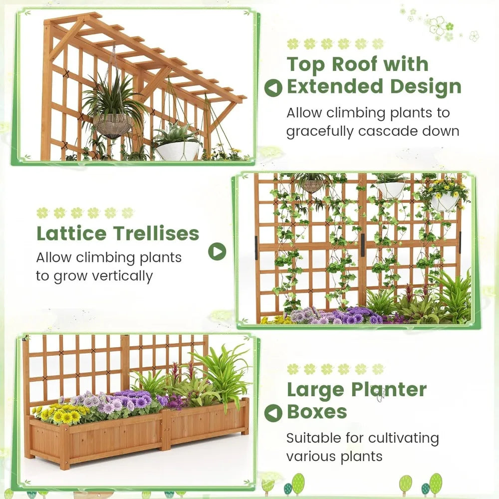 72" raised garden bed with lattice trellis, hanging roof & drainage holes, elevated wooden planter box for vine climbing plant,