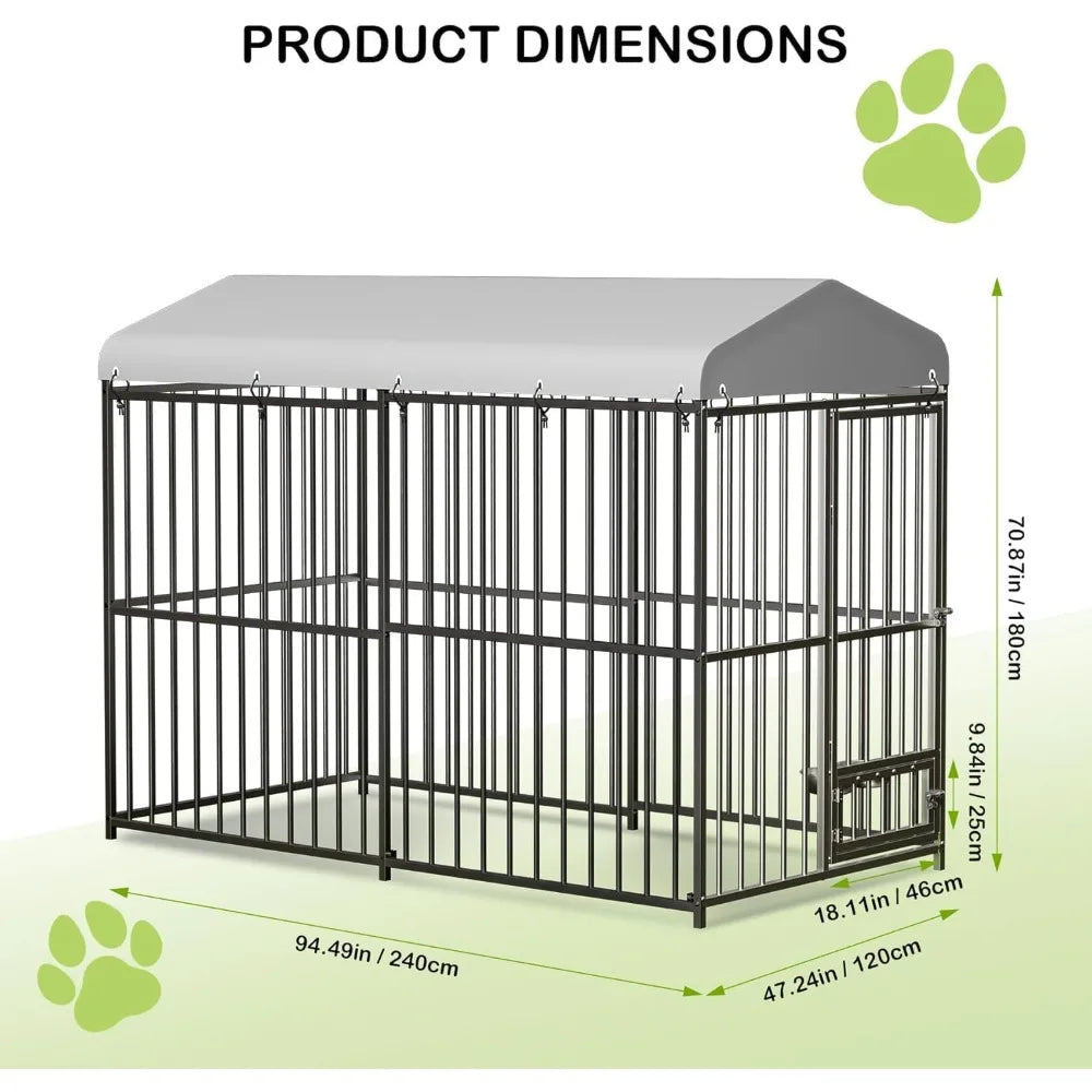 Large Outdoor Dog Kennel (8x4x6ft) - Heavy Duty Metal Dog Cage with Rotating Feeding Bowl, Waterproof Roof Cover & Lock, Weather