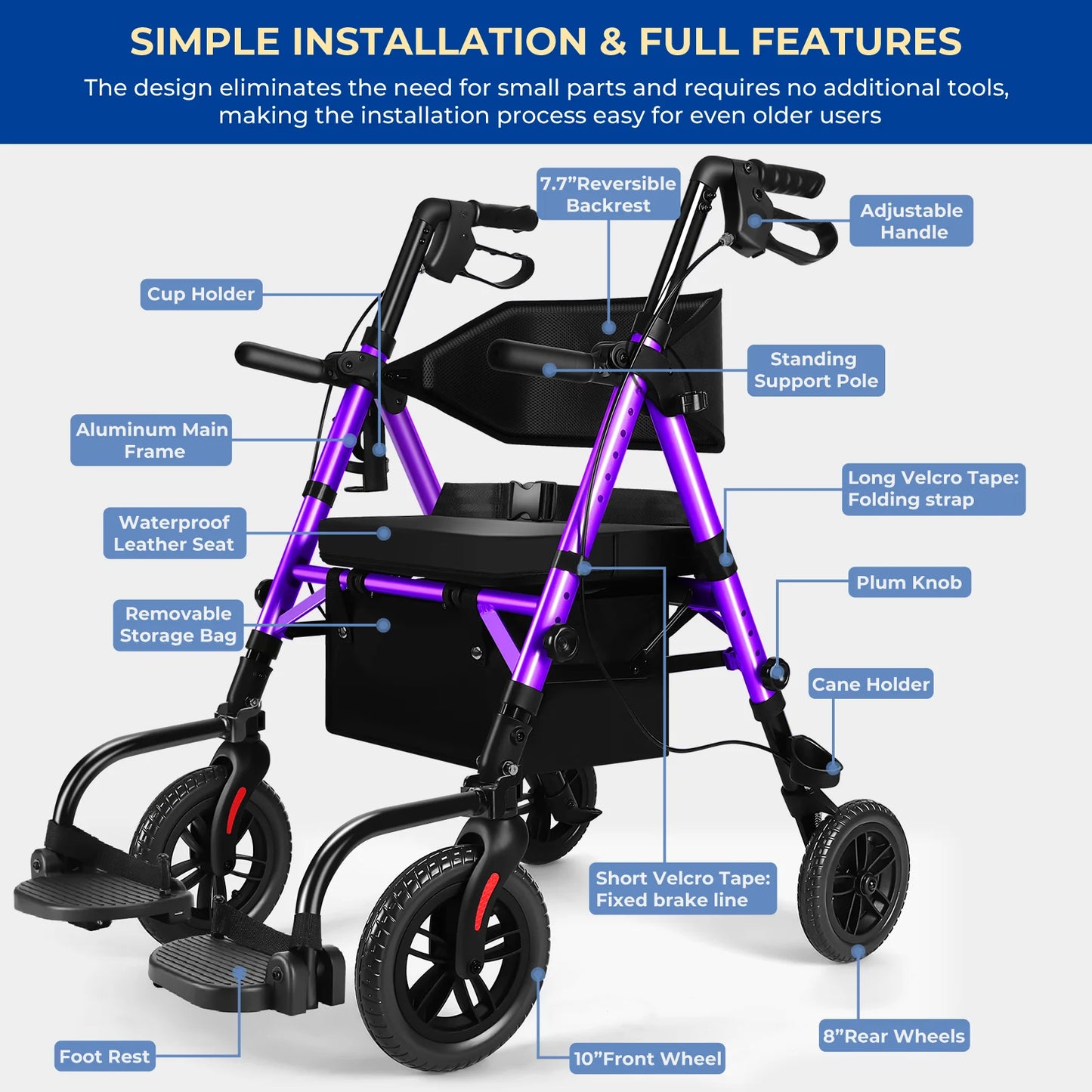 Lightweight 2 in 1 Rolling Walkers Wheelchair Combo for Adult, Transport Chair with Brakes, Adjustable Seat & Handle, 300lbs