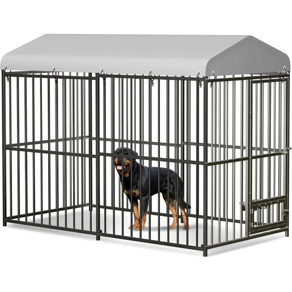 Large Outdoor Dog Kennel (8x4x6ft) - Heavy Duty Metal Dog Cage with Rotating Feeding Bowl, Waterproof Roof Cover & Lock, Weather