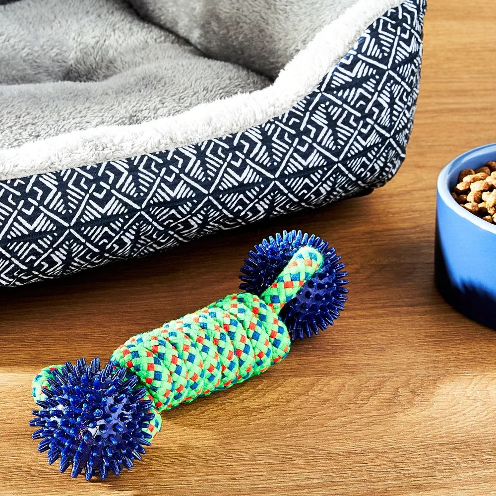 Durable Dog Chew Toy with Rope Coil and Spiky Balls for Tug of War and Fetch Play for Moderate Chewers