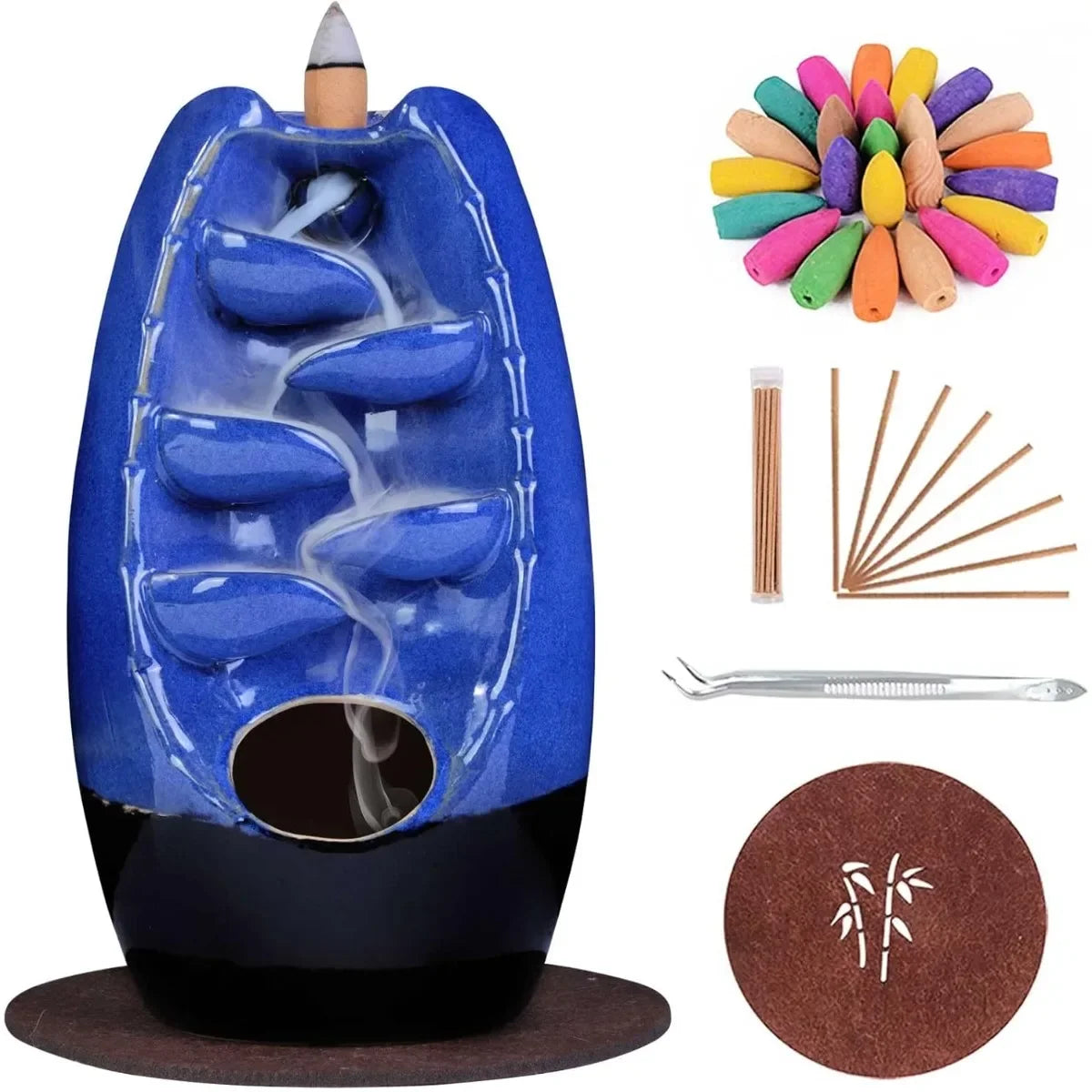 Ceramic Backflow Incense Holder Burner Waterfall Aromatherapy Ornament Home Decor with 120 Cones and 30 Sticks Navy