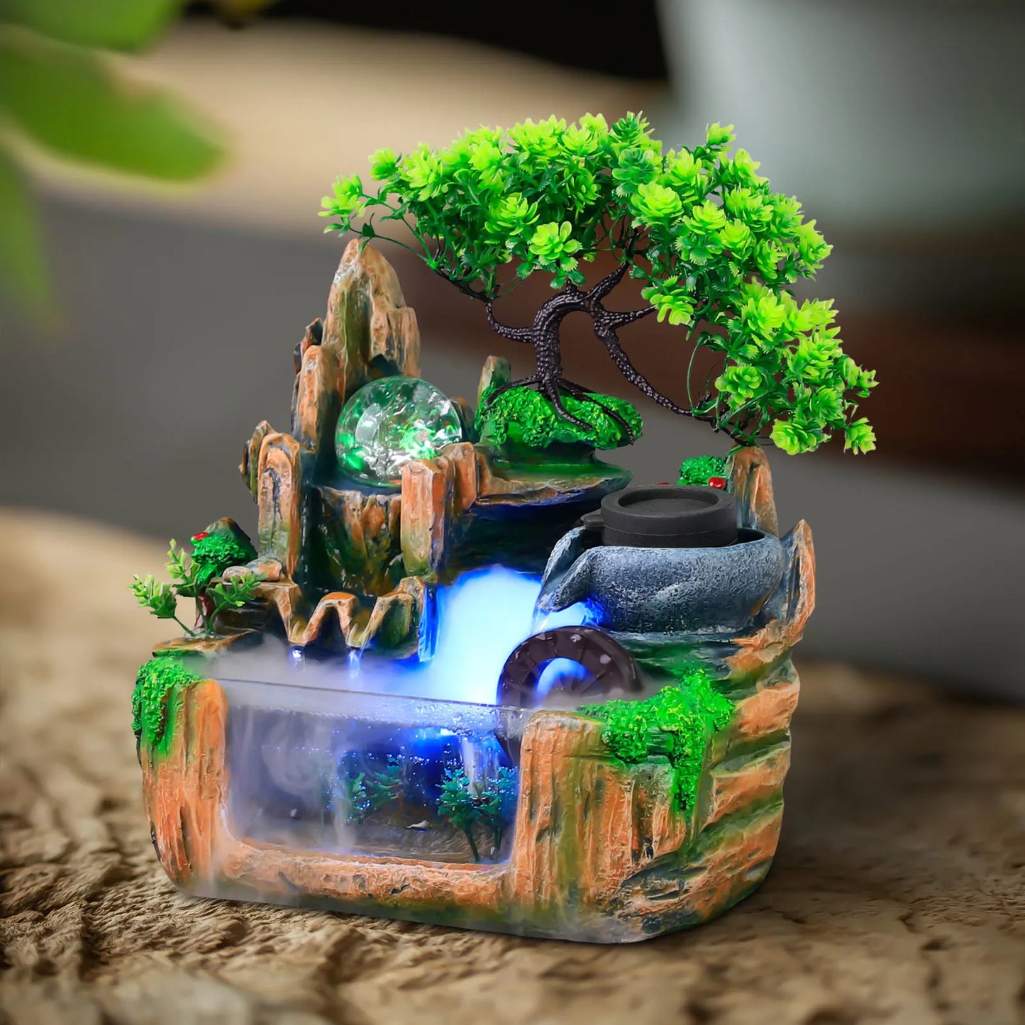 Bonsai Tree Rock Water Fountains Indoor Tabletop Waterfall with LED Light Desktop Decoration Home Decor Office Gifts