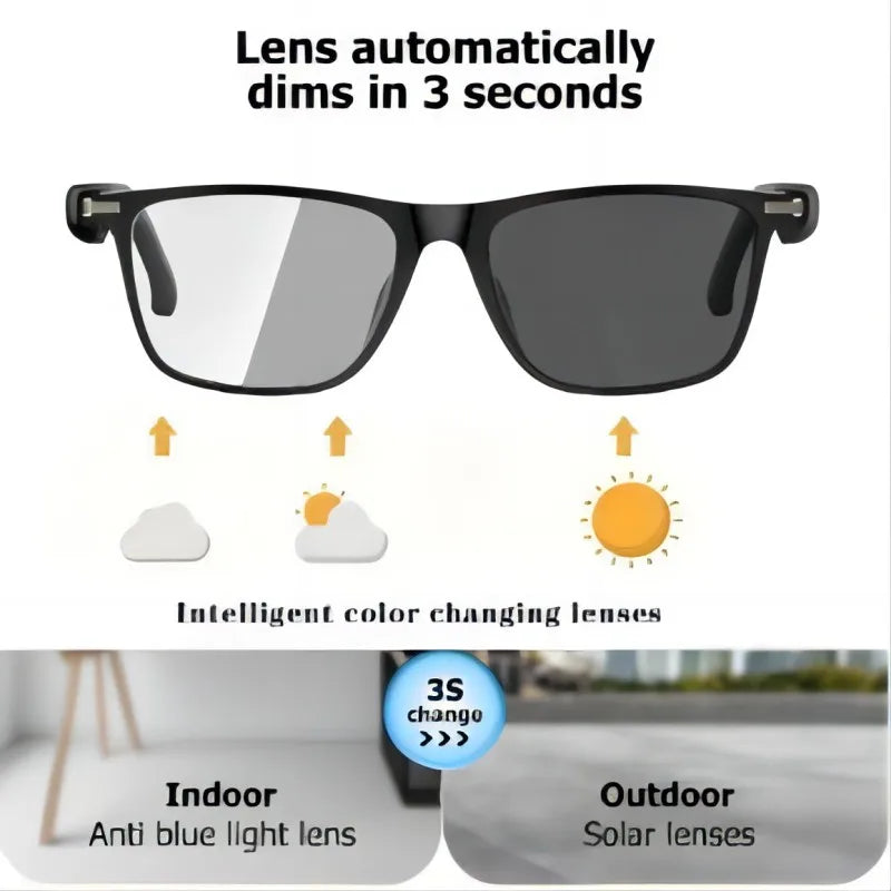 New Smart Glasses with Auto Dimming Lenses Built In Microphone and Speaker HD Voice Calls and HiFi Sound Quality
