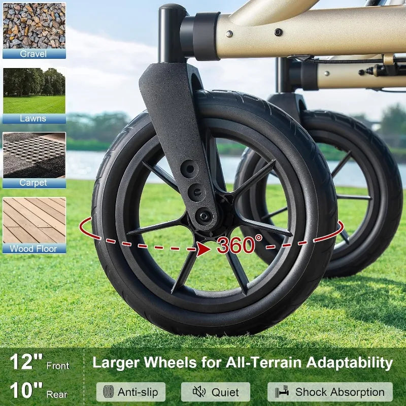 for Seniors, Rollator Walker with Seat, 12" Big Rubber Wheels All Terrain Rollator Walker with Backrest, Built-in Cable,