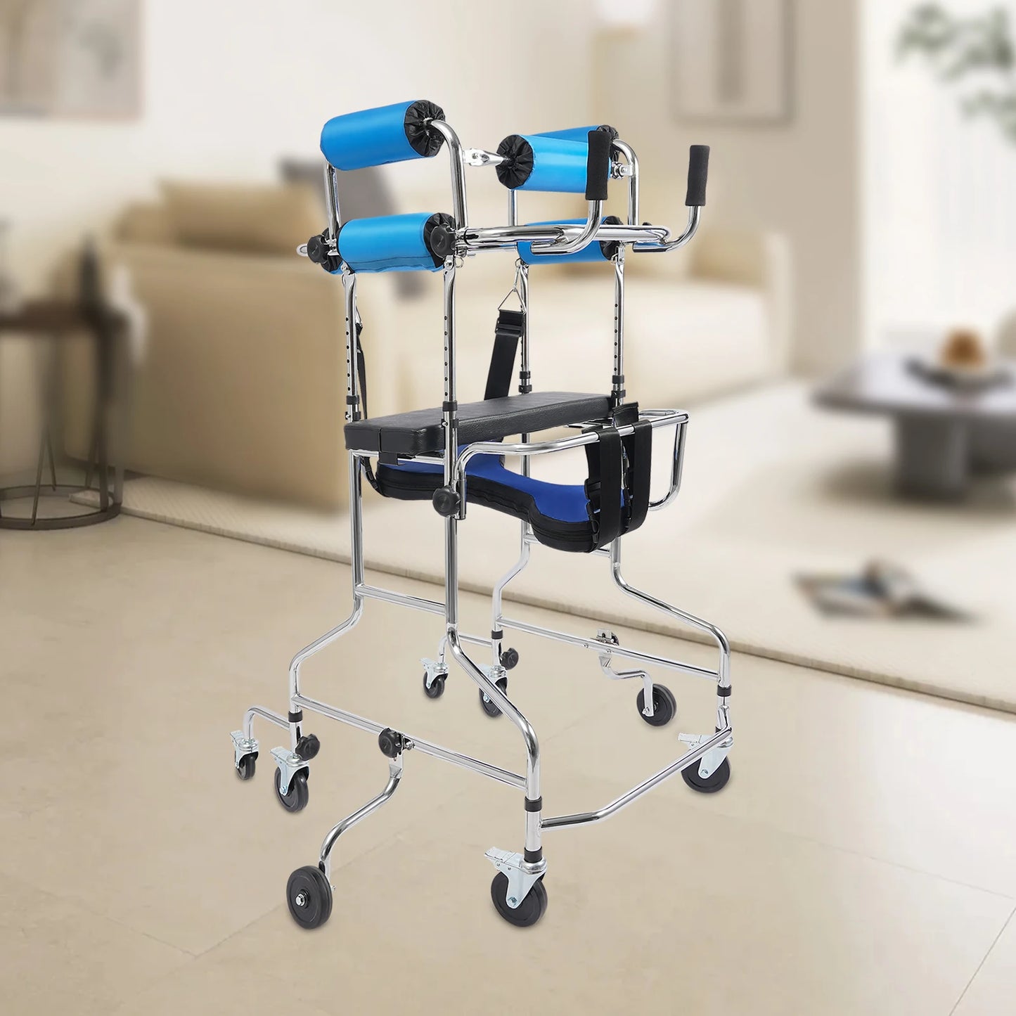 Adjustable Adult Walker Standing Rollator 8 Wheels 6 Brakes 220LBS Load Height & Width Adjustable for Elderly Mobility Aid
