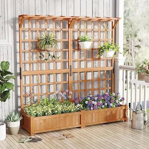 72" raised garden bed with lattice trellis, hanging roof & drainage holes, elevated wooden planter box for vine climbing plant,