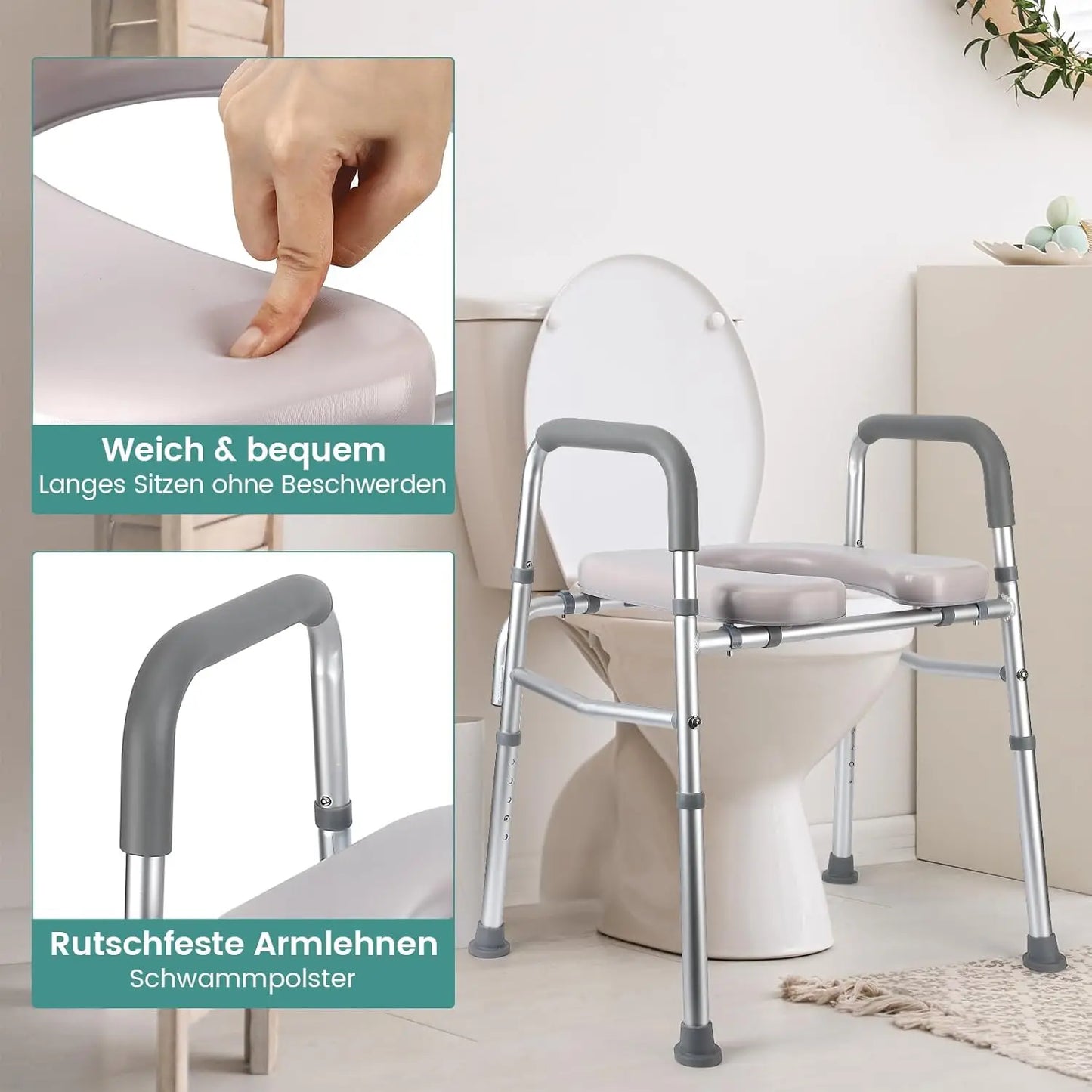 Raised Toilet Seat with 350LB Stand Alone Homecare Commode Bathroom Assist Frame Padded Seat for Elderly Disabled Handicapped