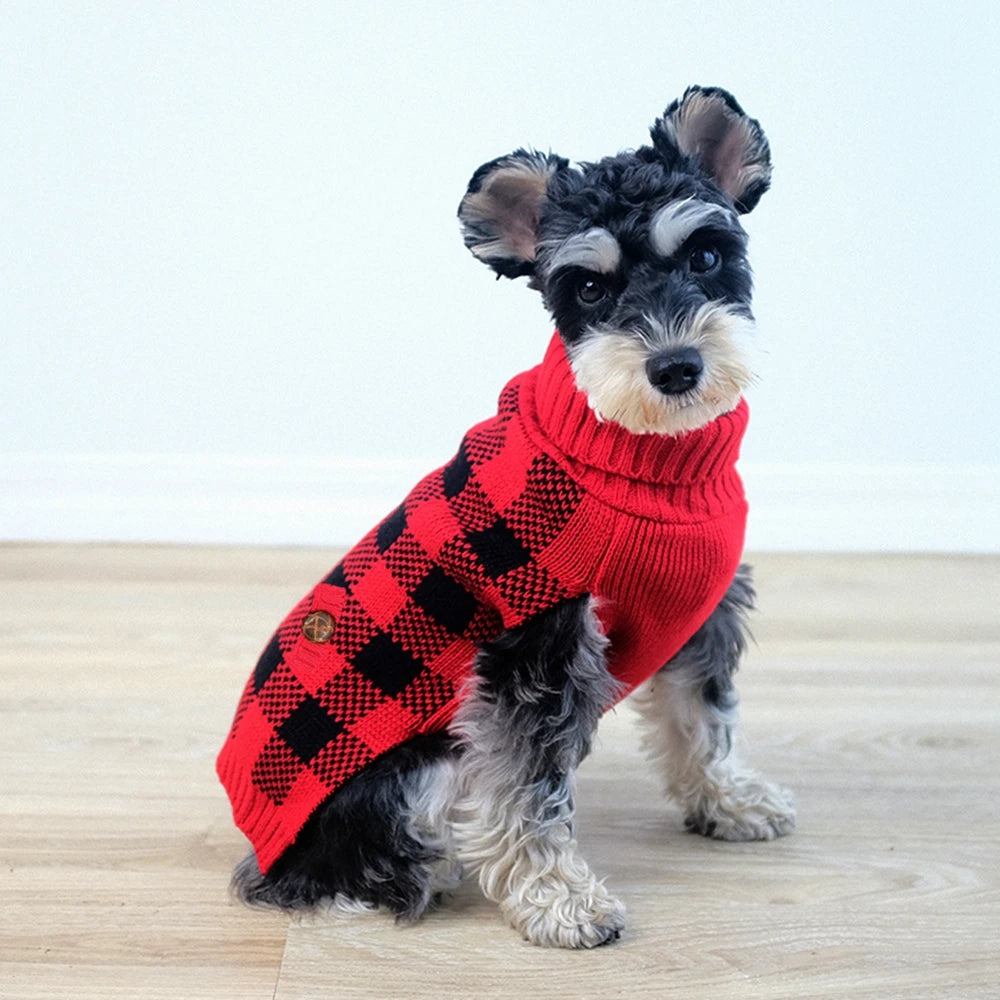 Plaid Dog Sweater Turtleneck Knitted Warm Winter Clothes for Small Medium Dogs and Cats