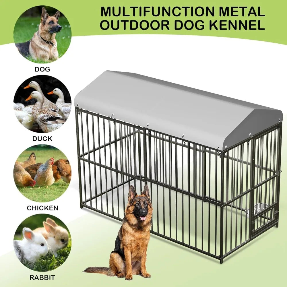 Large Outdoor Dog Kennel (8x4x6ft) - Heavy Duty Metal Dog Cage with Rotating Feeding Bowl, Waterproof Roof Cover & Lock, Weather
