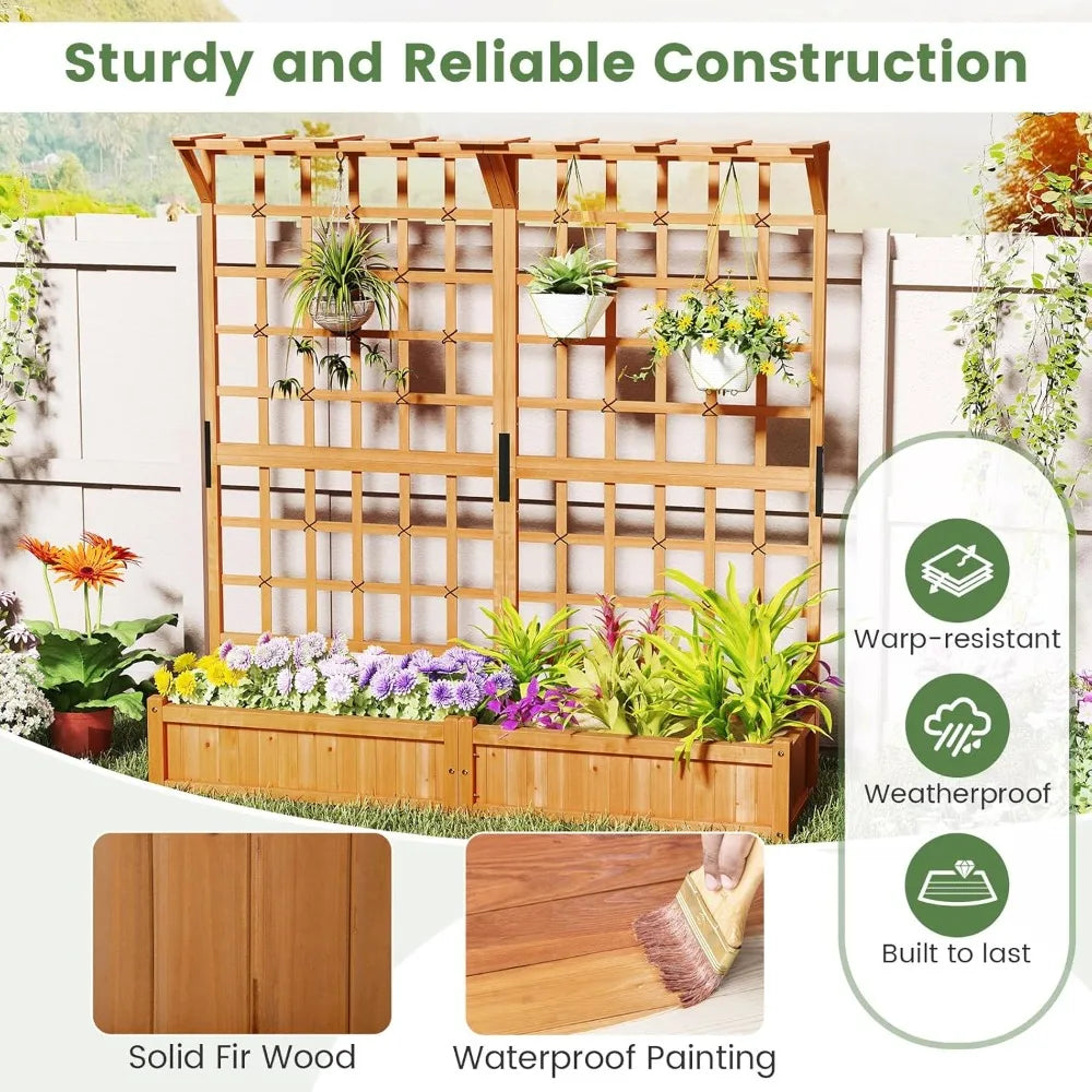 72" raised garden bed with lattice trellis, hanging roof & drainage holes, elevated wooden planter box for vine climbing plant,