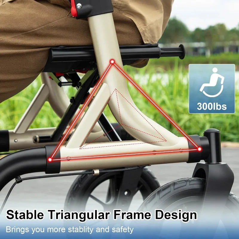 for Seniors, Rollator Walker with Seat, 12" Big Rubber Wheels All Terrain Rollator Walker with Backrest, Built-in Cable,
