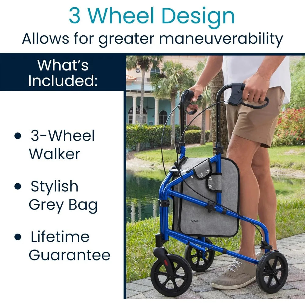 3 Wheel Walker - Three Wheeled Rollator for Seniors - Lightweight, Foldable, Narrow, Heavy Duty - for Elderly Men Women