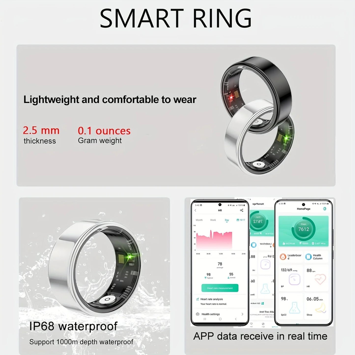 Smart Ring with Sleep Tracking and Motion Monitoring Compatible with iPhone and Android Perfect Gift for Men and Women